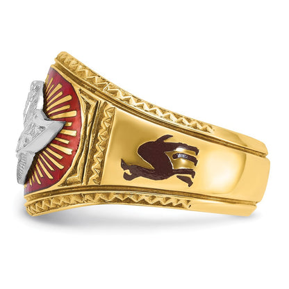 14K Bicolor-Gold Herrenring, poliert und strukturiert, mit mehrfarbigem Emaille, Freimaurer-Shriner-Design