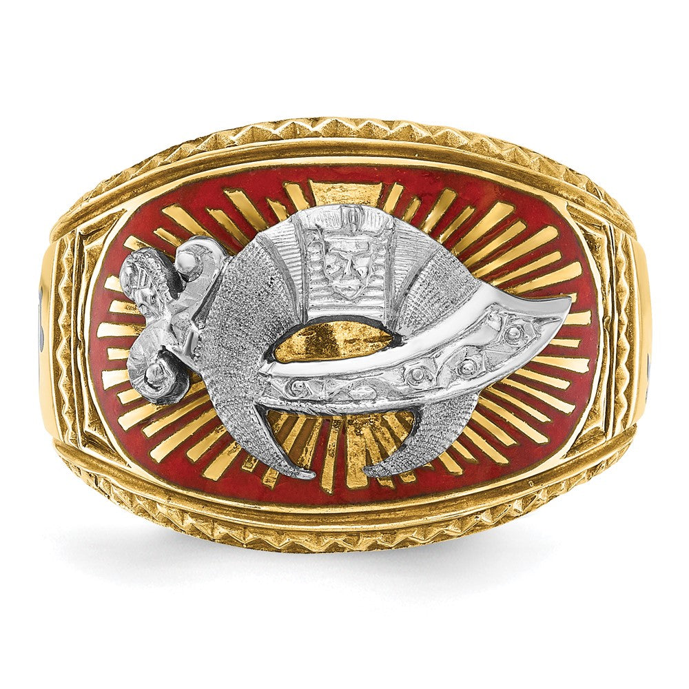 14K Bicolor-Gold Herrenring, poliert und strukturiert, mit mehrfarbigem Emaille, Freimaurer-Shriner-Design