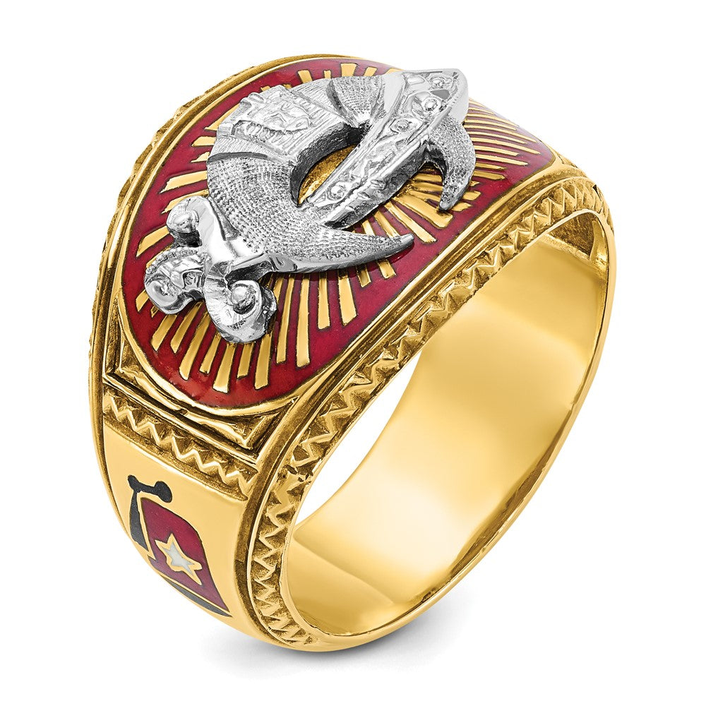 14K Bicolor-Gold Herrenring, poliert und strukturiert, mit mehrfarbigem Emaille, Freimaurer-Shriner-Design