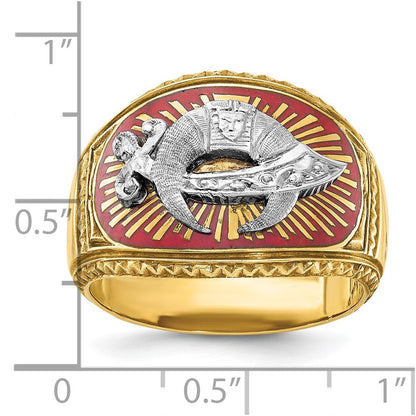 14K Bicolor-Gold Herrenring, poliert und strukturiert, mit mehrfarbigem Emaille, Freimaurer-Shriner-Design