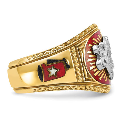 14K Bicolor-Gold Herrenring, poliert und strukturiert, mit mehrfarbigem Emaille, Freimaurer-Shriner-Design