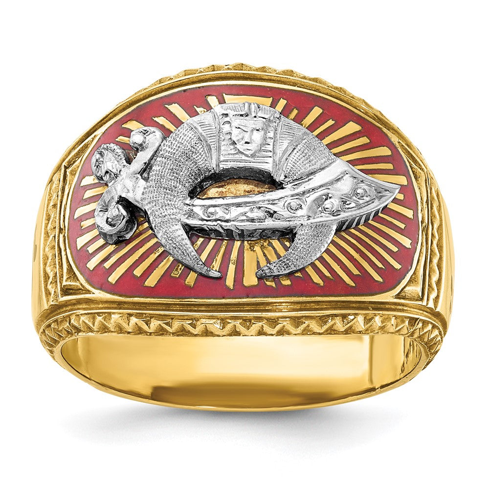14K Bicolor-Gold Herrenring, poliert und strukturiert, mit mehrfarbigem Emaille, Freimaurer-Shriner-Design