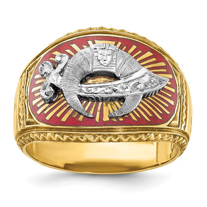 14K Bicolor-Gold Herrenring, poliert und strukturiert, mit mehrfarbigem Emaille, Freimaurer-Shriner-Design