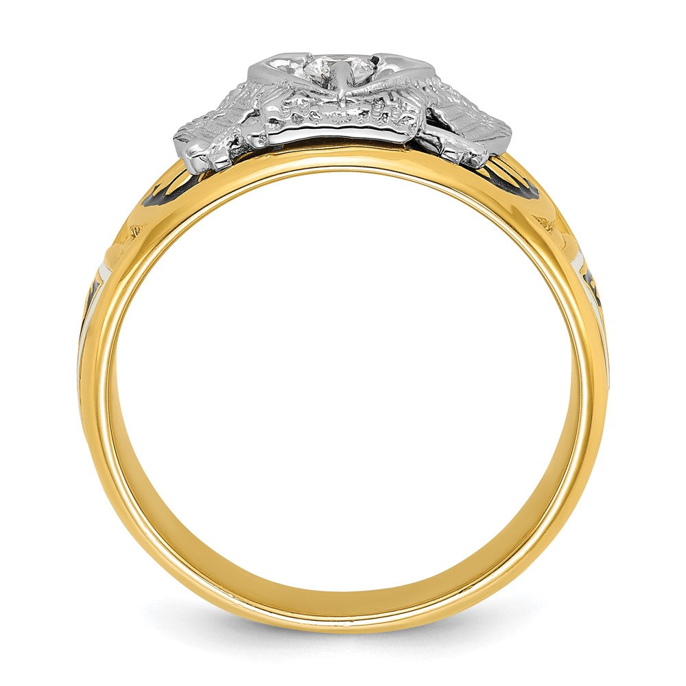 14K Zweifarbiges Gold Herren-Freimaurerring, poliert und texturiert, mit schwarzer und weißer Emaillierung und Diamant, Schottischer Ritus 32. Grad