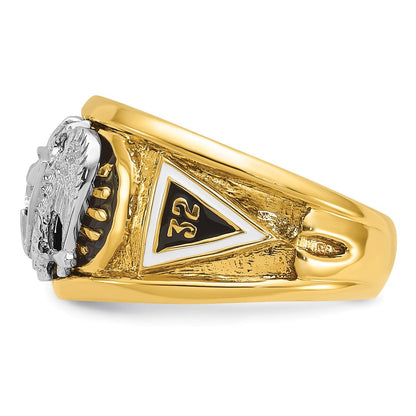 14K Zweifarbiges Gold Herren-Freimaurerring, poliert und texturiert, mit schwarzer und weißer Emaillierung und Diamant, Schottischer Ritus 32. Grad