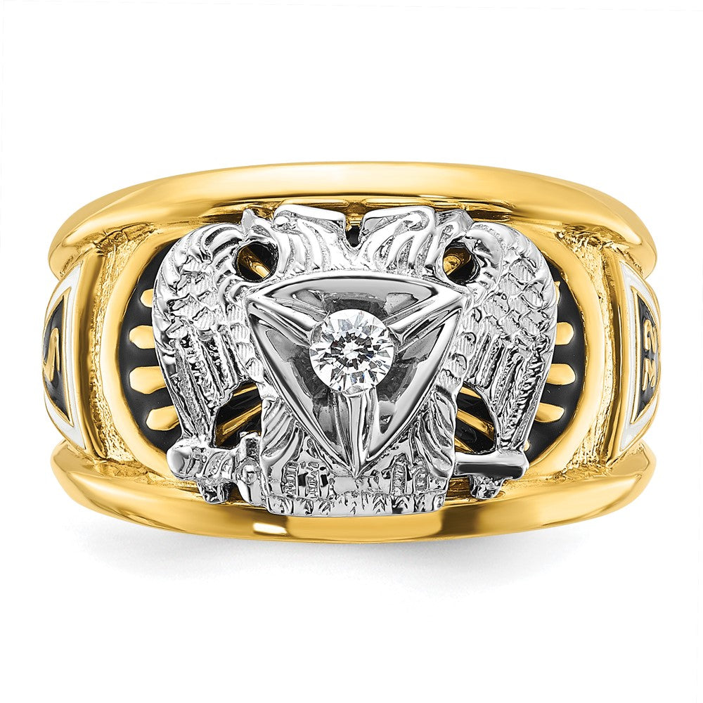 14K Zweifarbiges Gold Herren-Freimaurerring, poliert und texturiert, mit schwarzer und weißer Emaillierung und Diamant, Schottischer Ritus 32. Grad