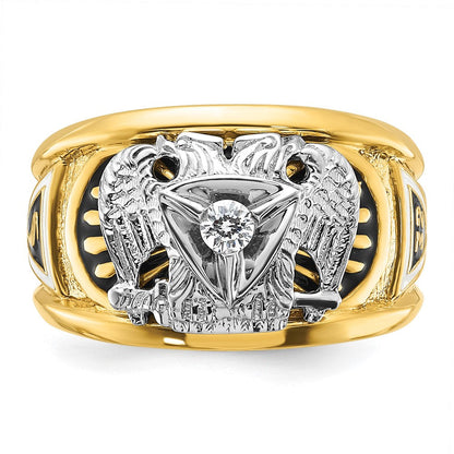 14K Zweifarbiges Gold Herren-Freimaurerring, poliert und texturiert, mit schwarzer und weißer Emaillierung und Diamant, Schottischer Ritus 32. Grad