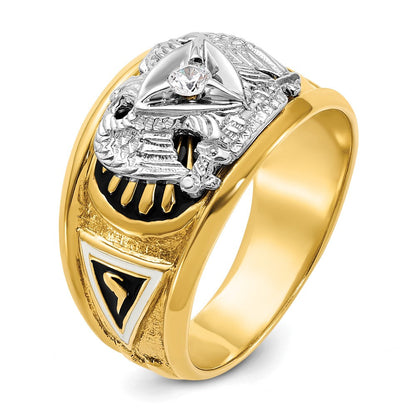14K Zweifarbiges Gold Herren-Freimaurerring, poliert und texturiert, mit schwarzer und weißer Emaillierung und Diamant, Schottischer Ritus 32. Grad