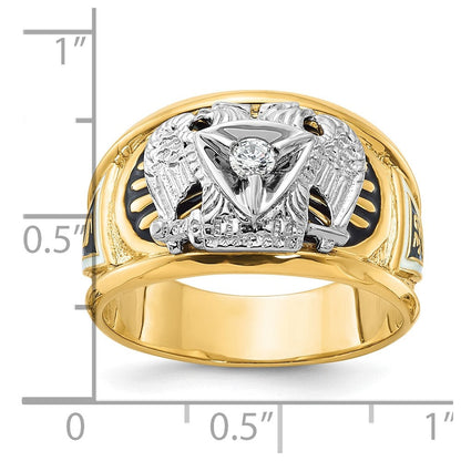 14K Zweifarbiges Gold Herren-Freimaurerring, poliert und texturiert, mit schwarzer und weißer Emaillierung und Diamant, Schottischer Ritus 32. Grad