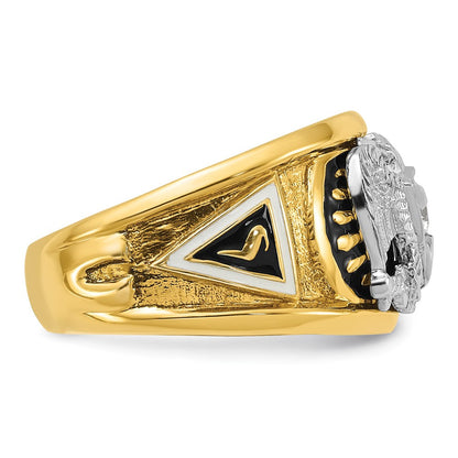 14K Zweifarbiges Gold Herren-Freimaurerring, poliert und texturiert, mit schwarzer und weißer Emaillierung und Diamant, Schottischer Ritus 32. Grad