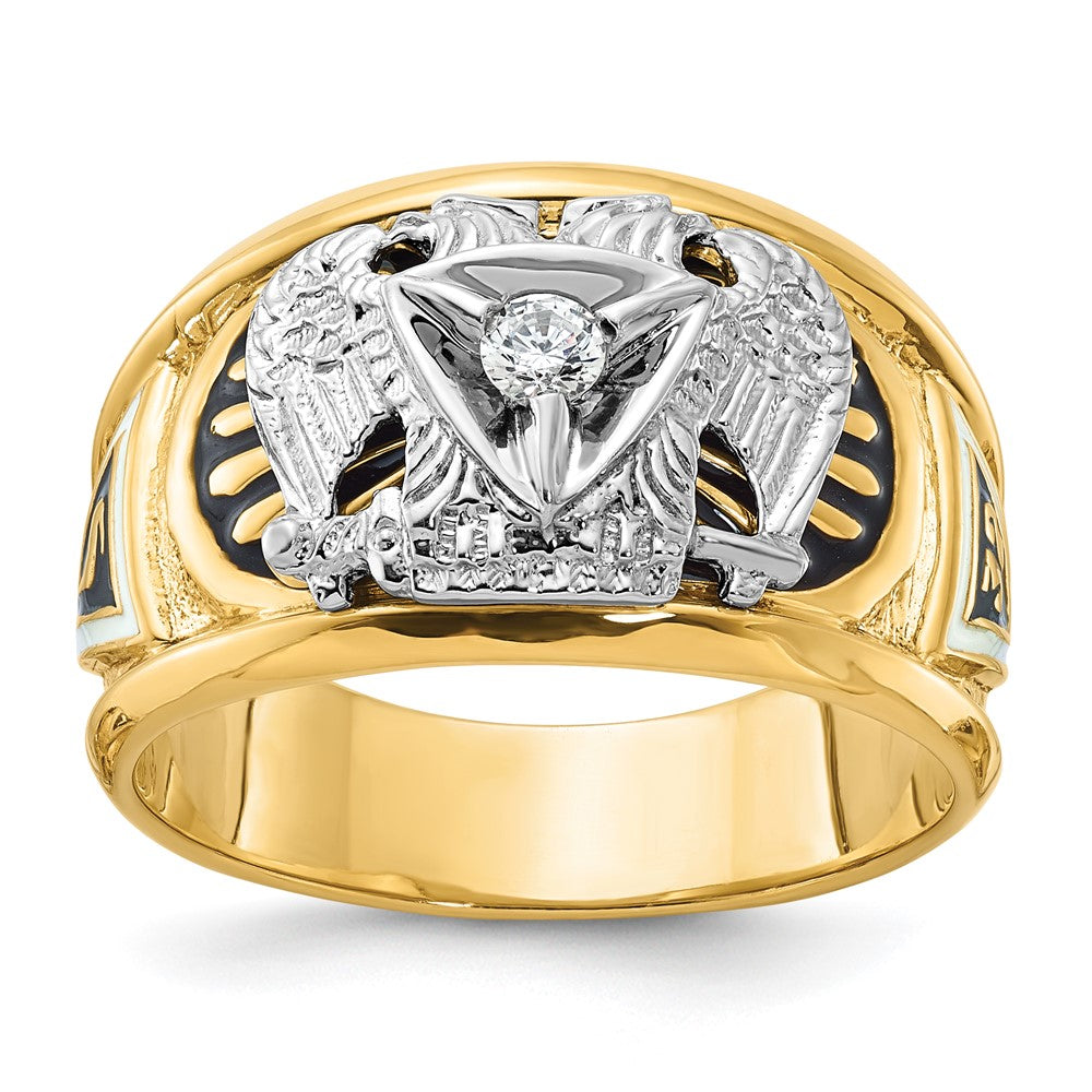 14K Zweifarbiges Gold Herren-Freimaurerring, poliert und texturiert, mit schwarzer und weißer Emaillierung und Diamant, Schottischer Ritus 32. Grad