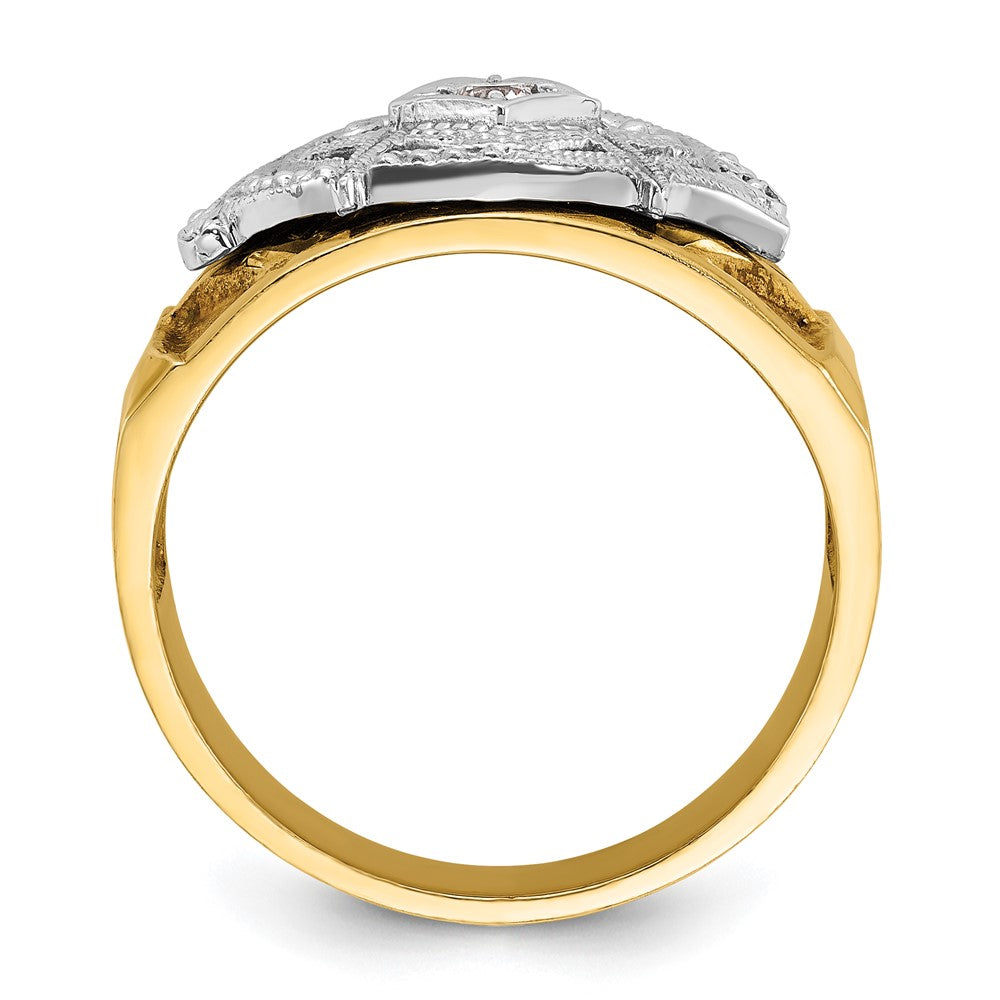 14K Bicolor-Gold Herrenring, poliert und texturiert, mit blauer und schwarzer Emaille und Diamant, Blue Lodge Master Masonic