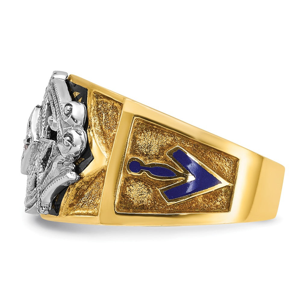 14K Bicolor-Gold Herrenring, poliert und texturiert, mit blauer und schwarzer Emaille und Diamant, Blue Lodge Master Masonic