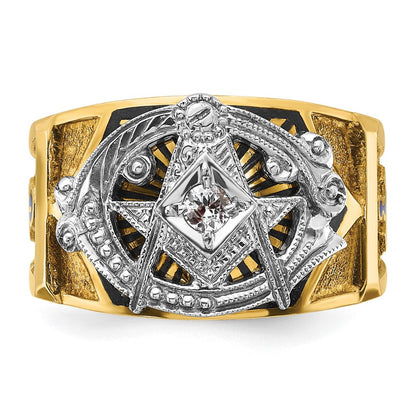 14K Bicolor-Gold Herrenring, poliert und texturiert, mit blauer und schwarzer Emaille und Diamant, Blue Lodge Master Masonic