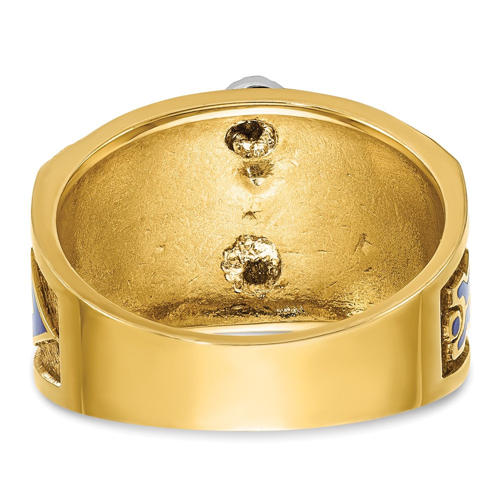 14K Bicolor-Gold Herrenring, poliert und texturiert, mit blauer und schwarzer Emaille und Diamant, Blue Lodge Master Masonic