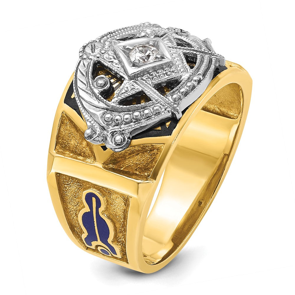 14K Bicolor-Gold Herrenring, poliert und texturiert, mit blauer und schwarzer Emaille und Diamant, Blue Lodge Master Masonic