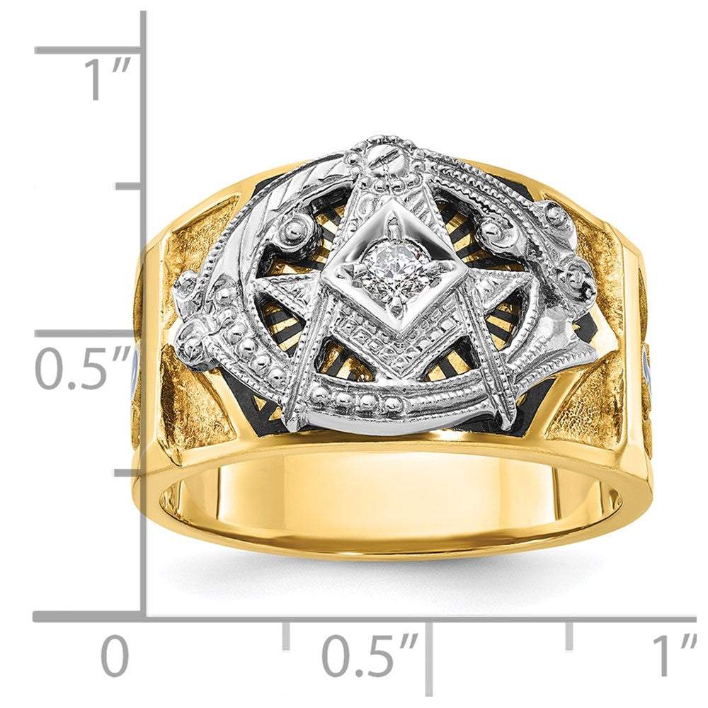 14K Bicolor-Gold Herrenring, poliert und texturiert, mit blauer und schwarzer Emaille und Diamant, Blue Lodge Master Masonic