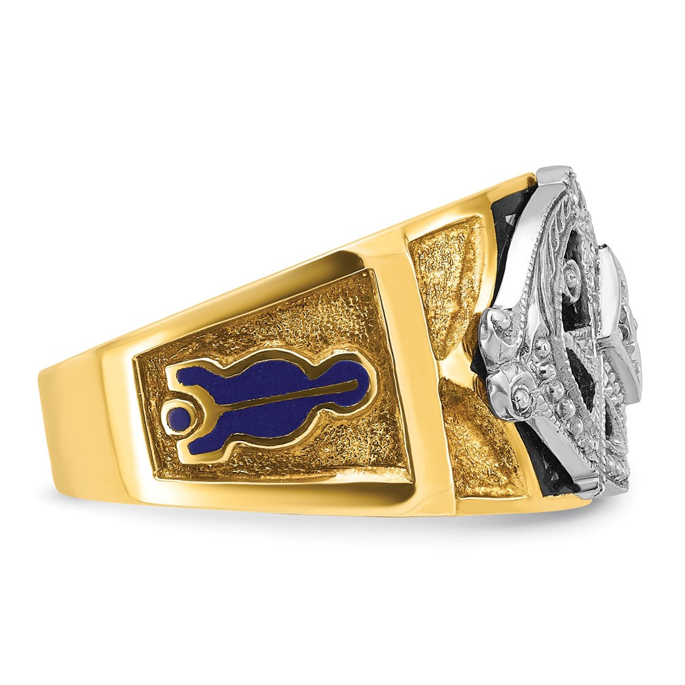 14K Bicolor-Gold Herrenring, poliert und texturiert, mit blauer und schwarzer Emaille und Diamant, Blue Lodge Master Masonic
