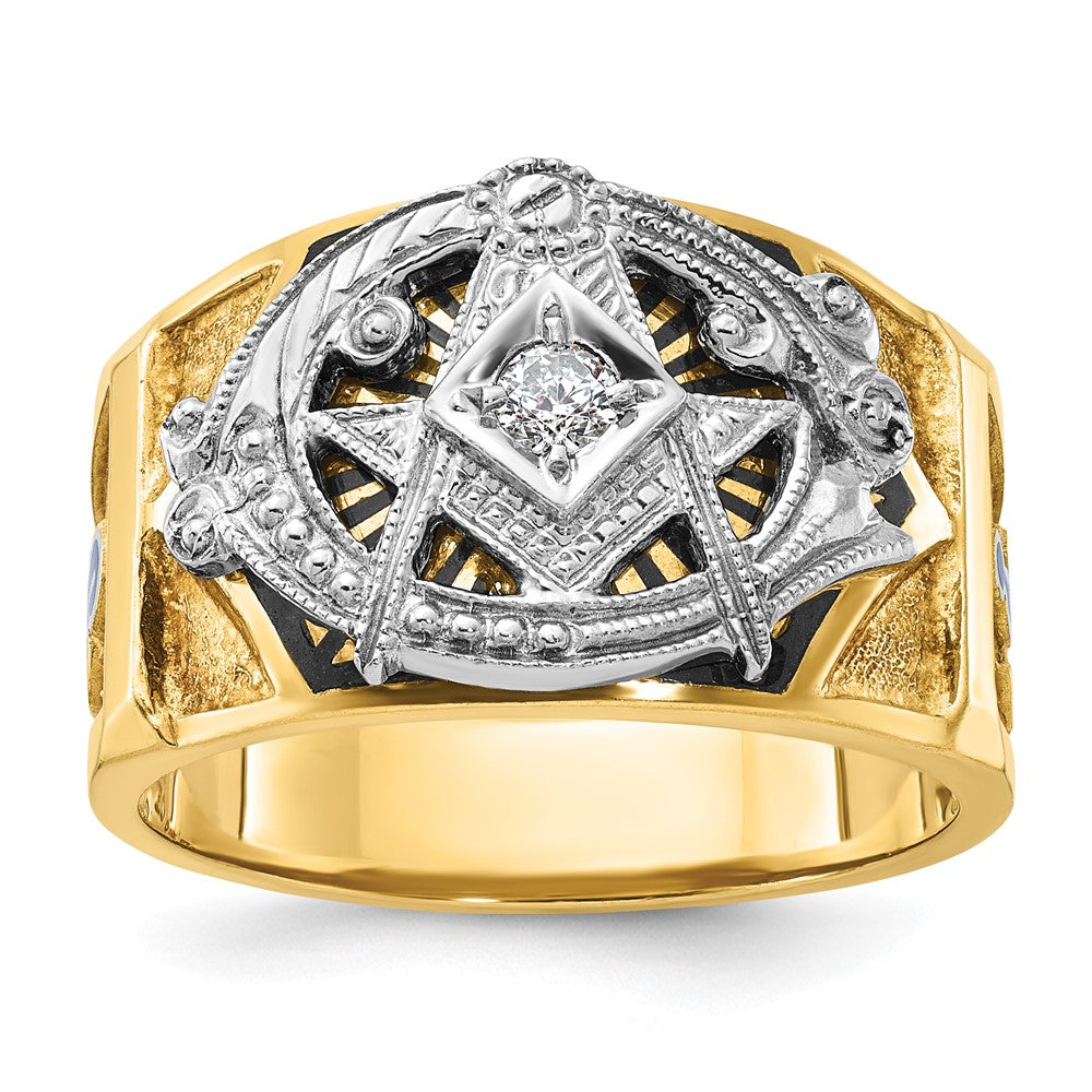 14K Bicolor-Gold Herrenring, poliert und texturiert, mit blauer und schwarzer Emaille und Diamant, Blue Lodge Master Masonic