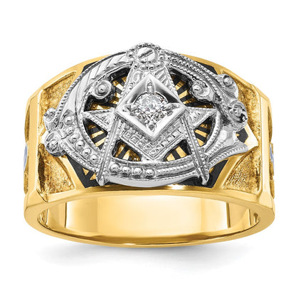14K Bicolor-Gold Herrenring, poliert und texturiert, mit blauer und schwarzer Emaille und Diamant, Blue Lodge Master Masonic