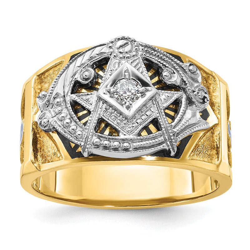 14K Bicolor-Gold Herrenring, poliert und texturiert, mit blauer und schwarzer Emaille und Diamant, Blue Lodge Master Masonic