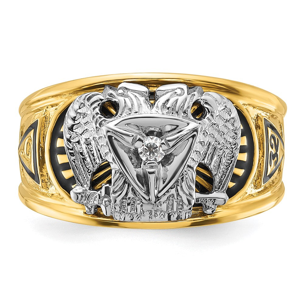 10K Bicolor Ibgoodman Herren Poliert und Strukturiert mit Schwarz Emaille Diamant 32nd Degree Scottish Rite Freimaurer Ring
