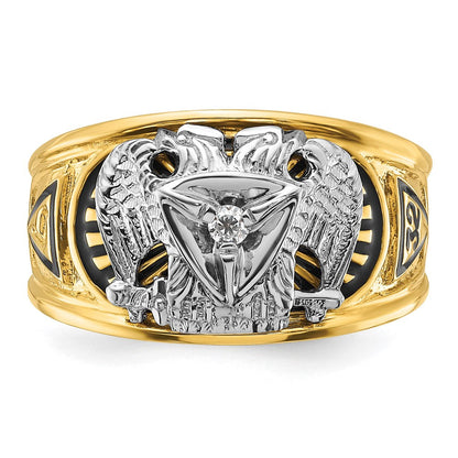 10K Bicolor Ibgoodman Herren Poliert und Strukturiert mit Schwarz Emaille Diamant 32nd Degree Scottish Rite Freimaurer Ring