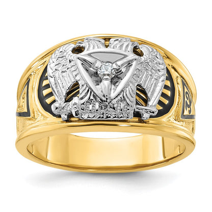 10K Bicolor Ibgoodman Herren Poliert und Strukturiert mit Schwarz Emaille Diamant 32nd Degree Scottish Rite Freimaurer Ring