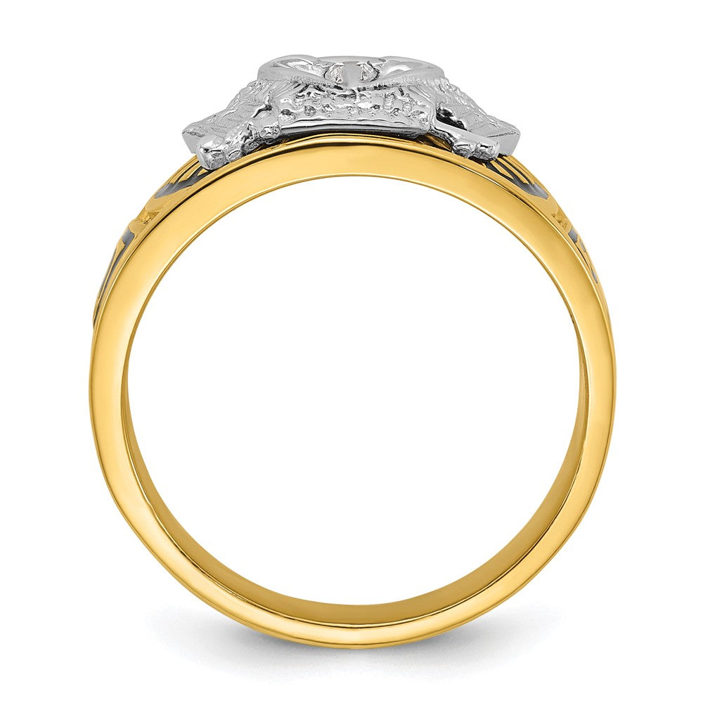 14K Bicolor-Gold Herren-Siegelring, poliert und texturiert, mit schwarzer Emaille und Diamant, Freimaurer-Ring 32. Grad Scottish Rite