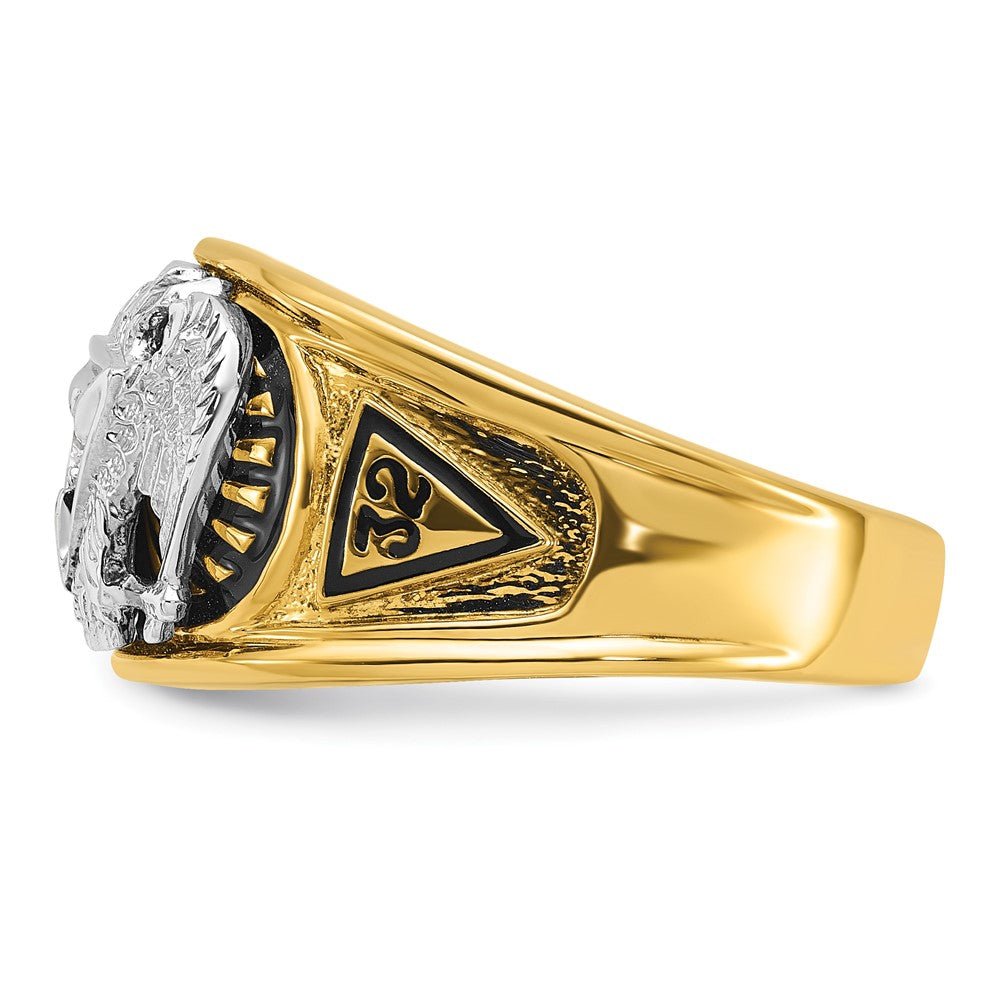 14K Bicolor-Gold Herren-Siegelring, poliert und texturiert, mit schwarzer Emaille und Diamant, Freimaurer-Ring 32. Grad Scottish Rite