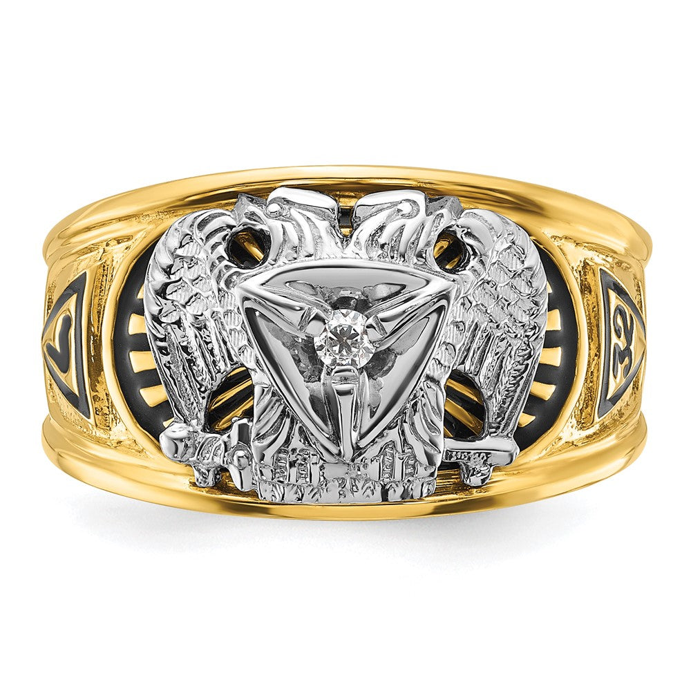 14K Bicolor-Gold Herren-Siegelring, poliert und texturiert, mit schwarzer Emaille und Diamant, Freimaurer-Ring 32. Grad Scottish Rite