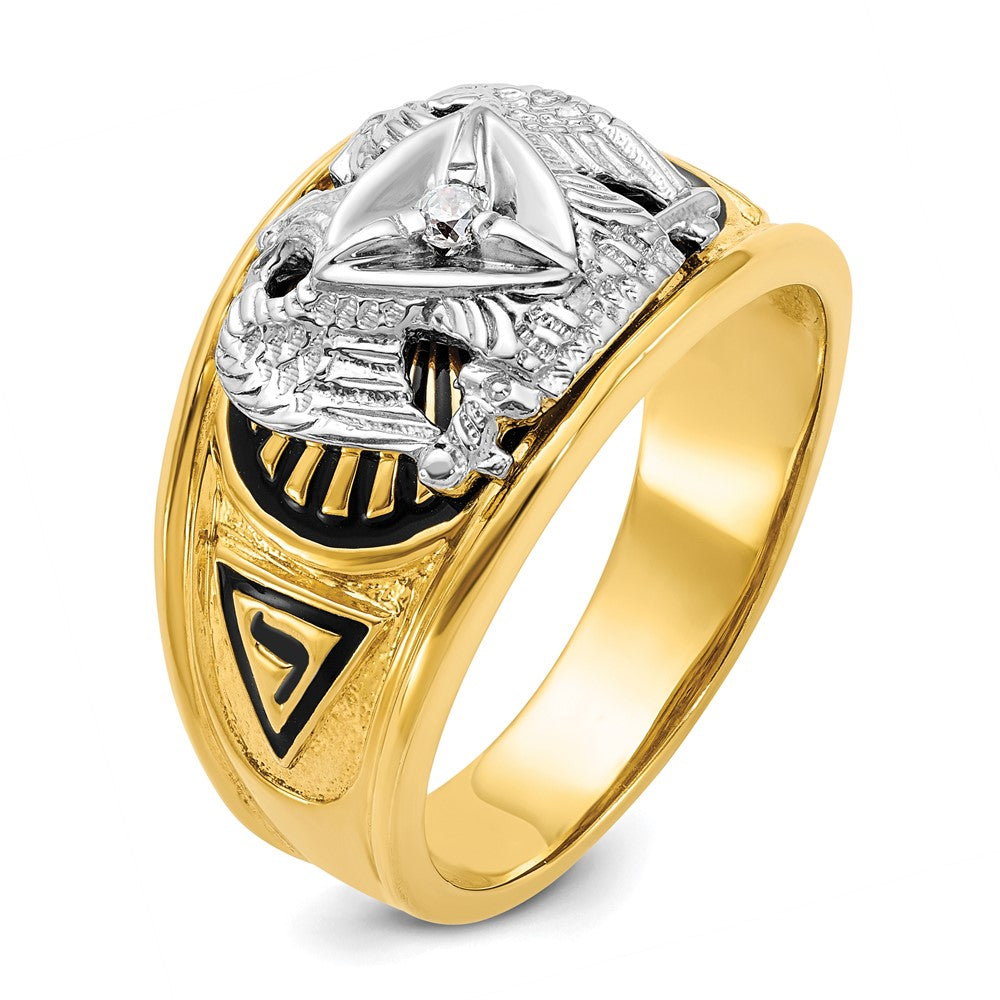 14K Bicolor-Gold Herren-Siegelring, poliert und texturiert, mit schwarzer Emaille und Diamant, Freimaurer-Ring 32. Grad Scottish Rite