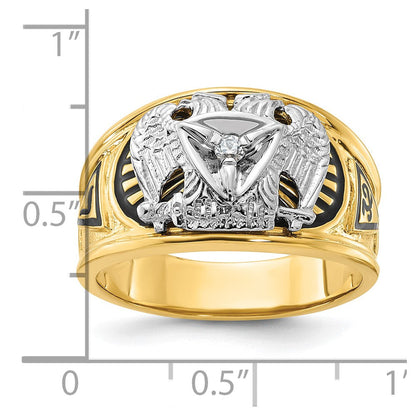 14K Bicolor-Gold Herren-Siegelring, poliert und texturiert, mit schwarzer Emaille und Diamant, Freimaurer-Ring 32. Grad Scottish Rite