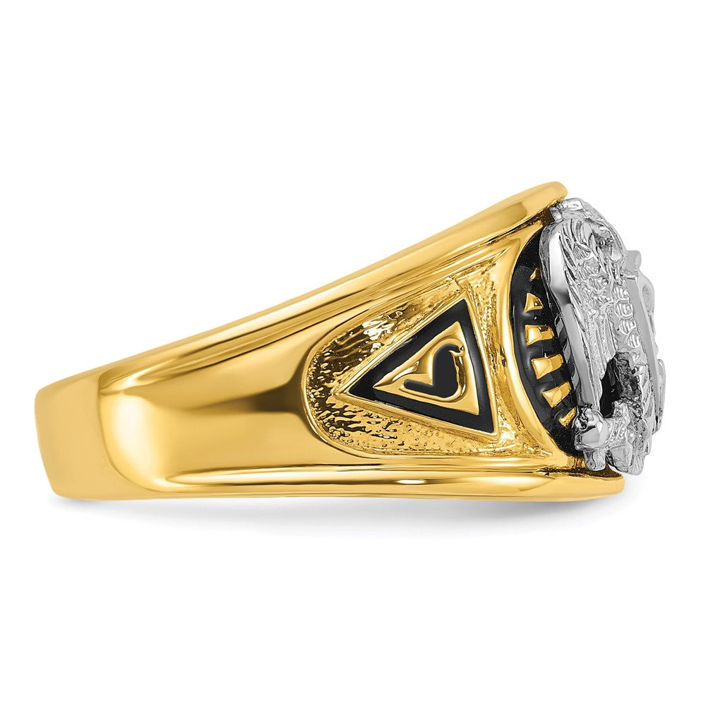 14K Bicolor-Gold Herren-Siegelring, poliert und texturiert, mit schwarzer Emaille und Diamant, Freimaurer-Ring 32. Grad Scottish Rite