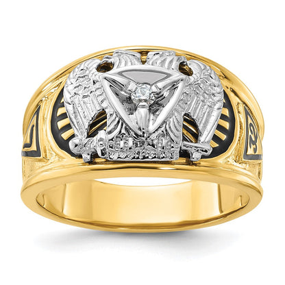 14K Bicolor-Gold Herren-Siegelring, poliert und texturiert, mit schwarzer Emaille und Diamant, Freimaurer-Ring 32. Grad Scottish Rite