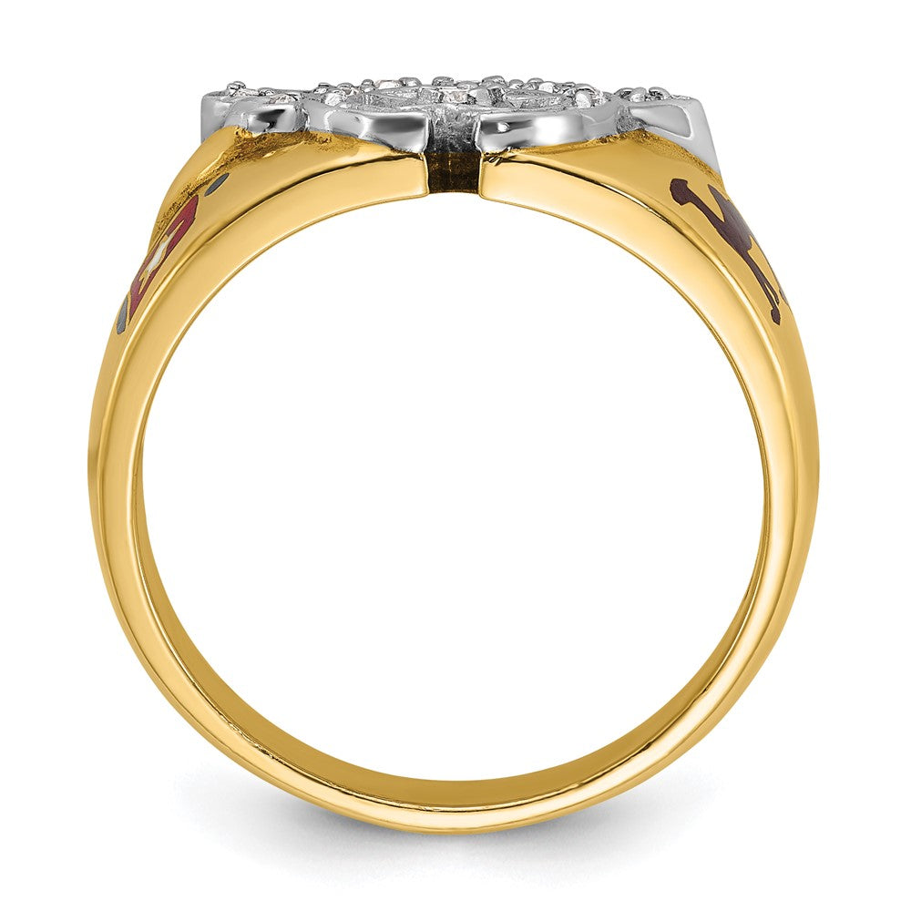 14K Bicolor-Gold Herren-Siegelring, poliert, mit mehrfarbigem Emaille und Diamant, Freimaurer-Shriner-Ring