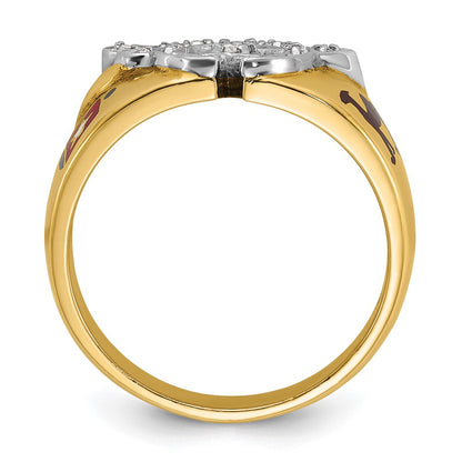 14K Bicolor-Gold Herren-Siegelring, poliert, mit mehrfarbigem Emaille und Diamant, Freimaurer-Shriner-Ring
