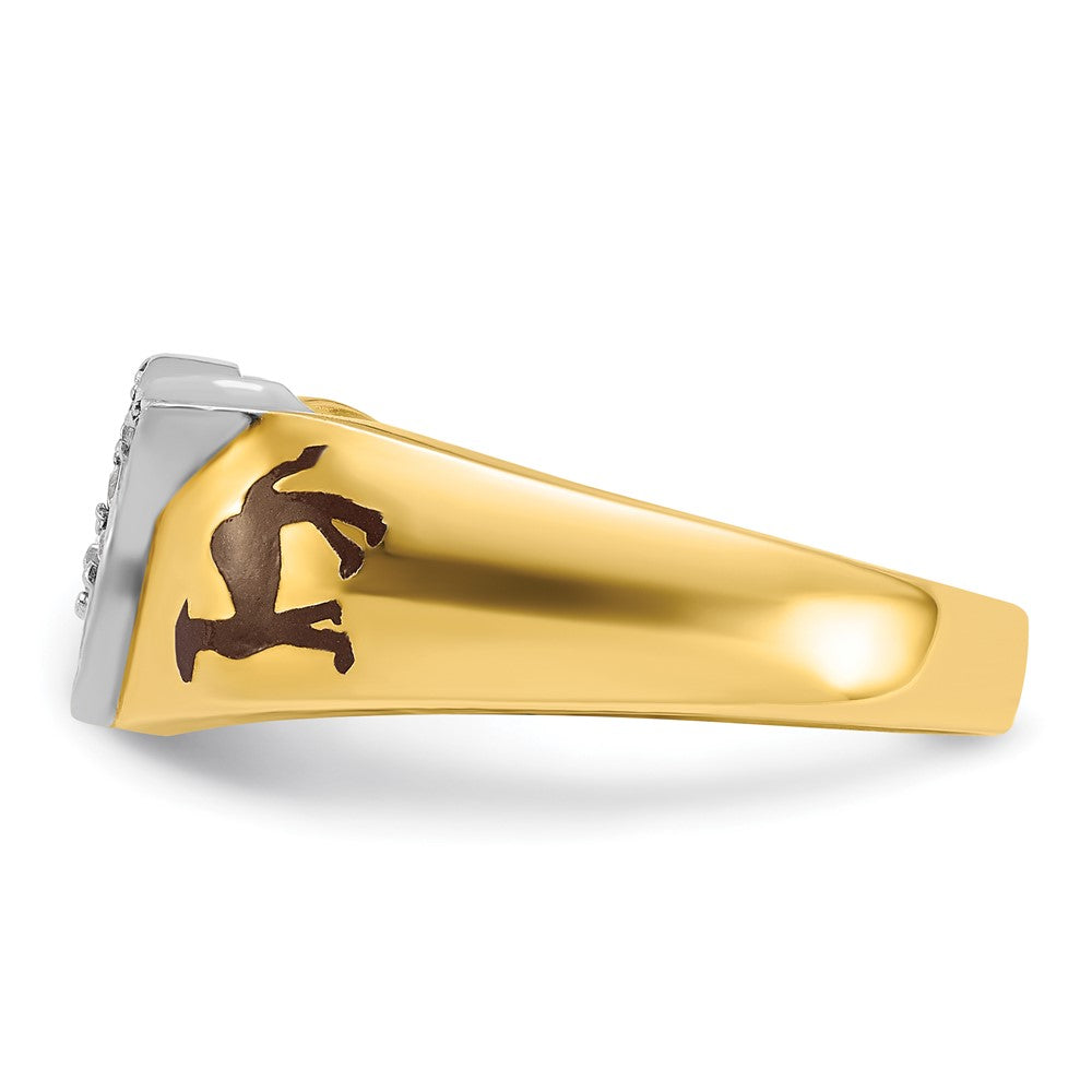 14K Bicolor-Gold Herren-Siegelring, poliert, mit mehrfarbigem Emaille und Diamant, Freimaurer-Shriner-Ring