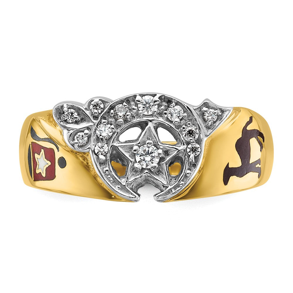14K Bicolor-Gold Herren-Siegelring, poliert, mit mehrfarbigem Emaille und Diamant, Freimaurer-Shriner-Ring