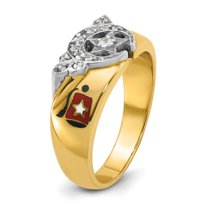 14K Bicolor-Gold Herren-Siegelring, poliert, mit mehrfarbigem Emaille und Diamant, Freimaurer-Shriner-Ring