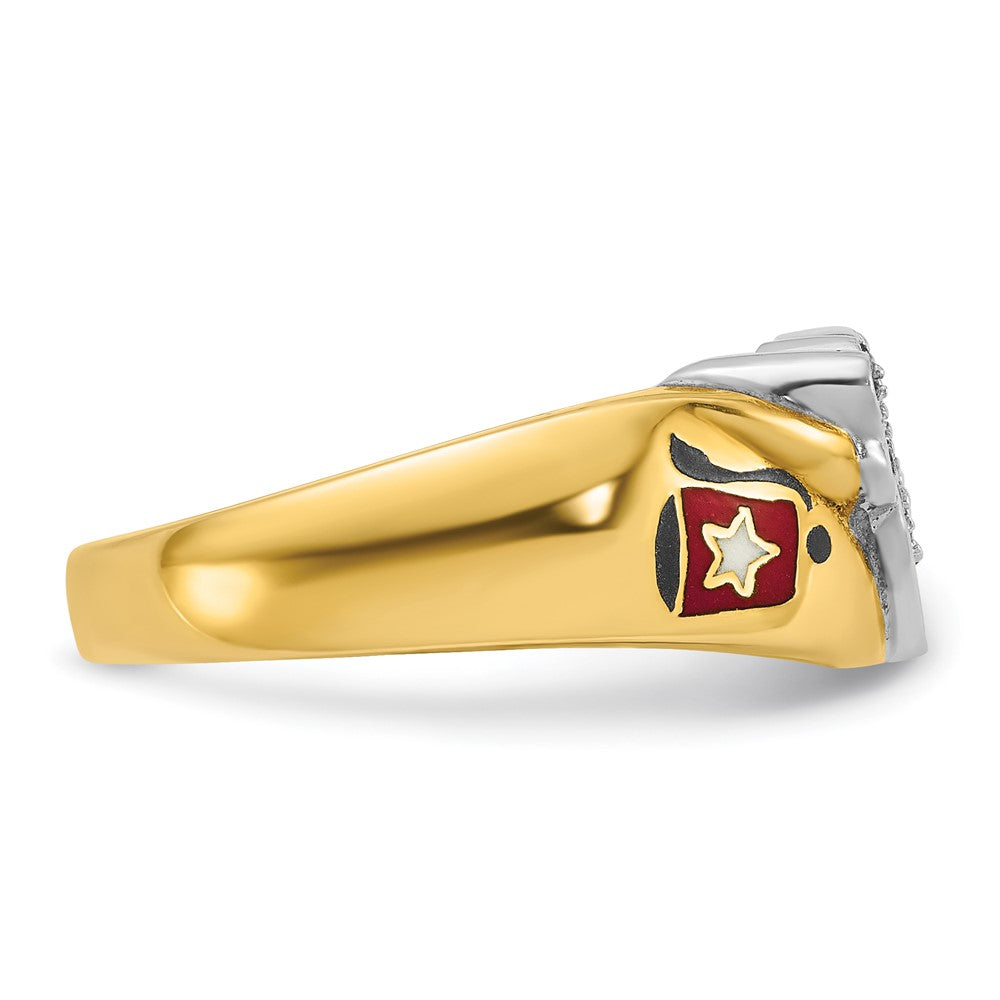 14K Bicolor-Gold Herren-Siegelring, poliert, mit mehrfarbigem Emaille und Diamant, Freimaurer-Shriner-Ring