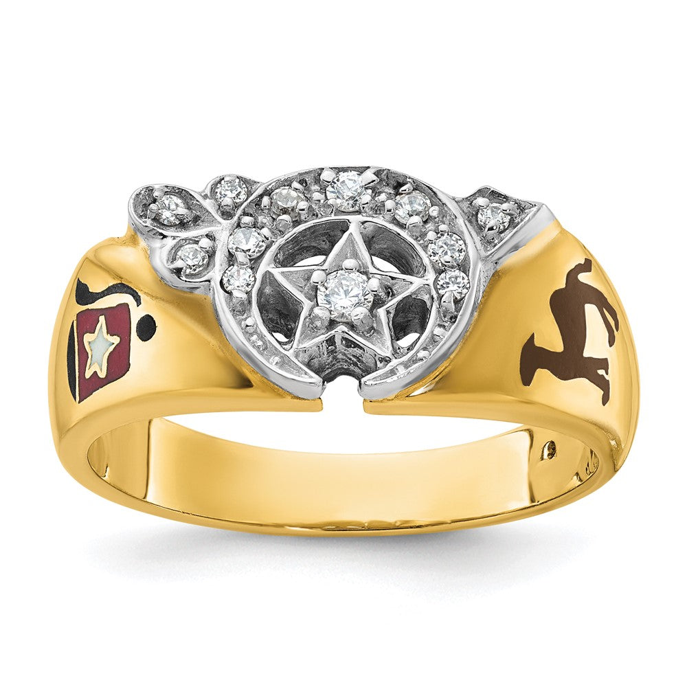14K Bicolor-Gold Herren-Siegelring, poliert, mit mehrfarbigem Emaille und Diamant, Freimaurer-Shriner-Ring