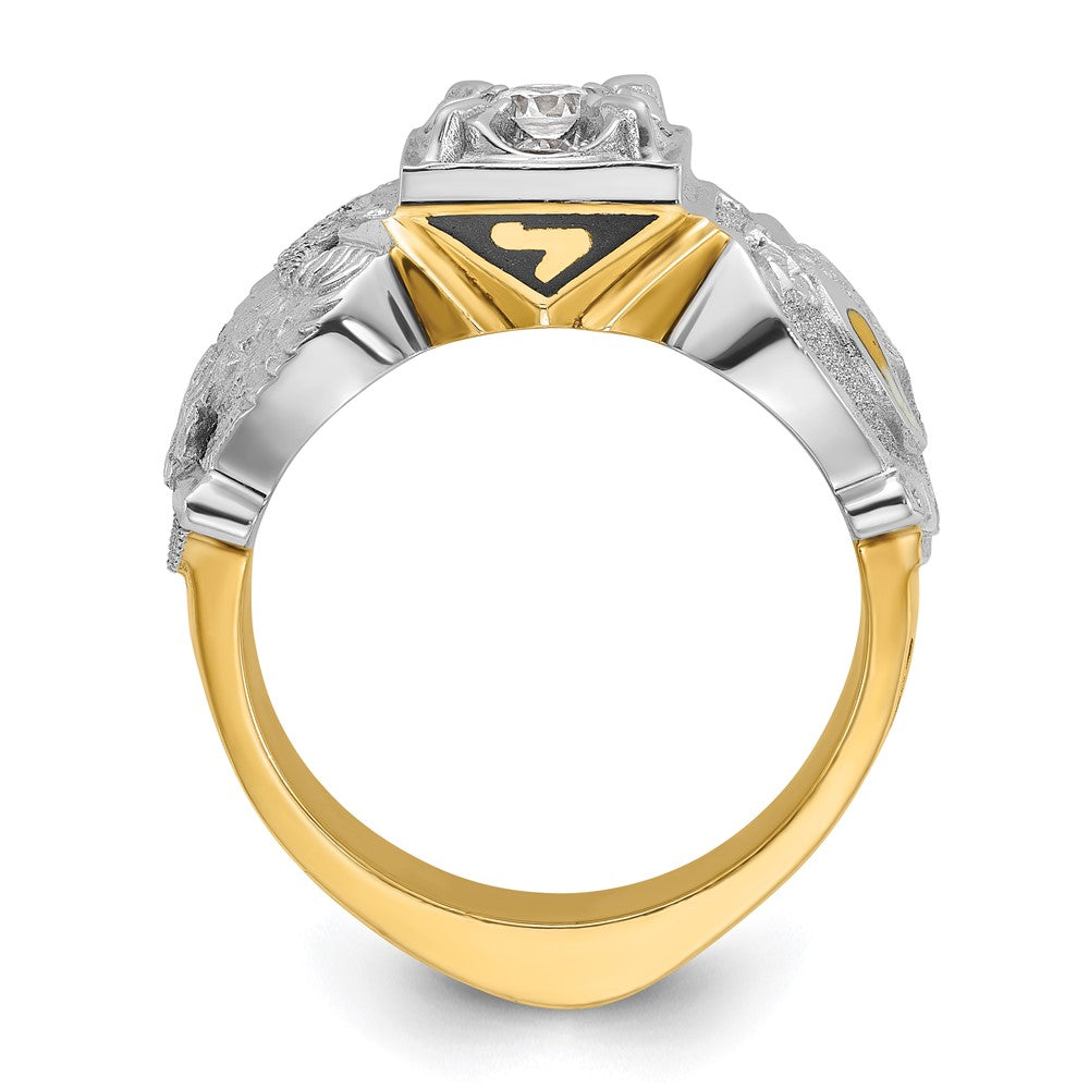 14K Bicolor Gold Herrenring, poliert und texturiert, mit mehrfarbigem Emaille und Diamant, Double-Eagle-Freimaurer-Shriner-Motiv