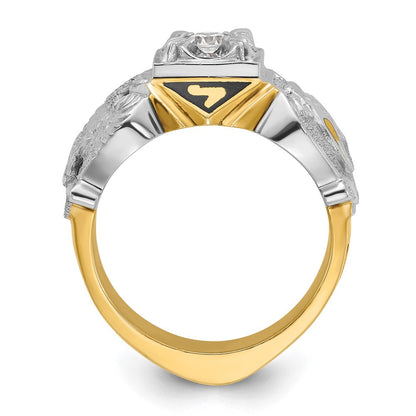 14K Bicolor Gold Herrenring, poliert und texturiert, mit mehrfarbigem Emaille und Diamant, Double-Eagle-Freimaurer-Shriner-Motiv