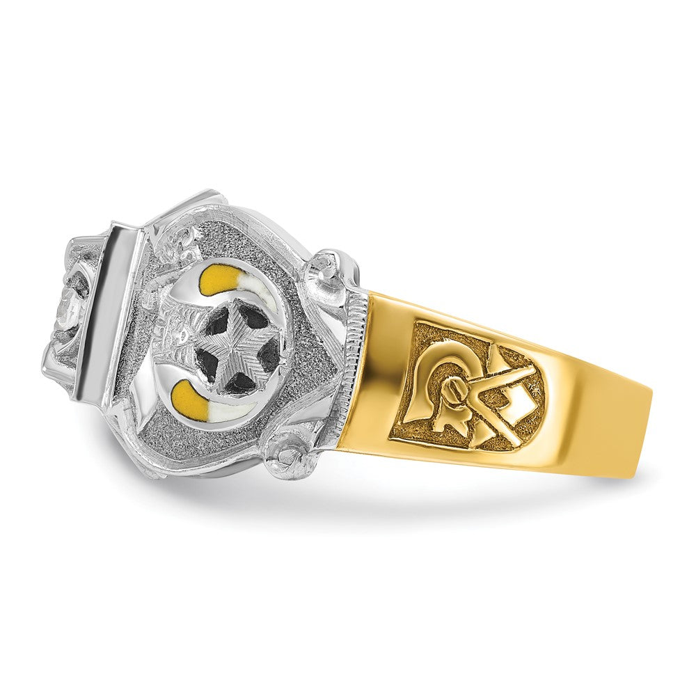 14K Bicolor Gold Herrenring, poliert und texturiert, mit mehrfarbigem Emaille und Diamant, Double-Eagle-Freimaurer-Shriner-Motiv
