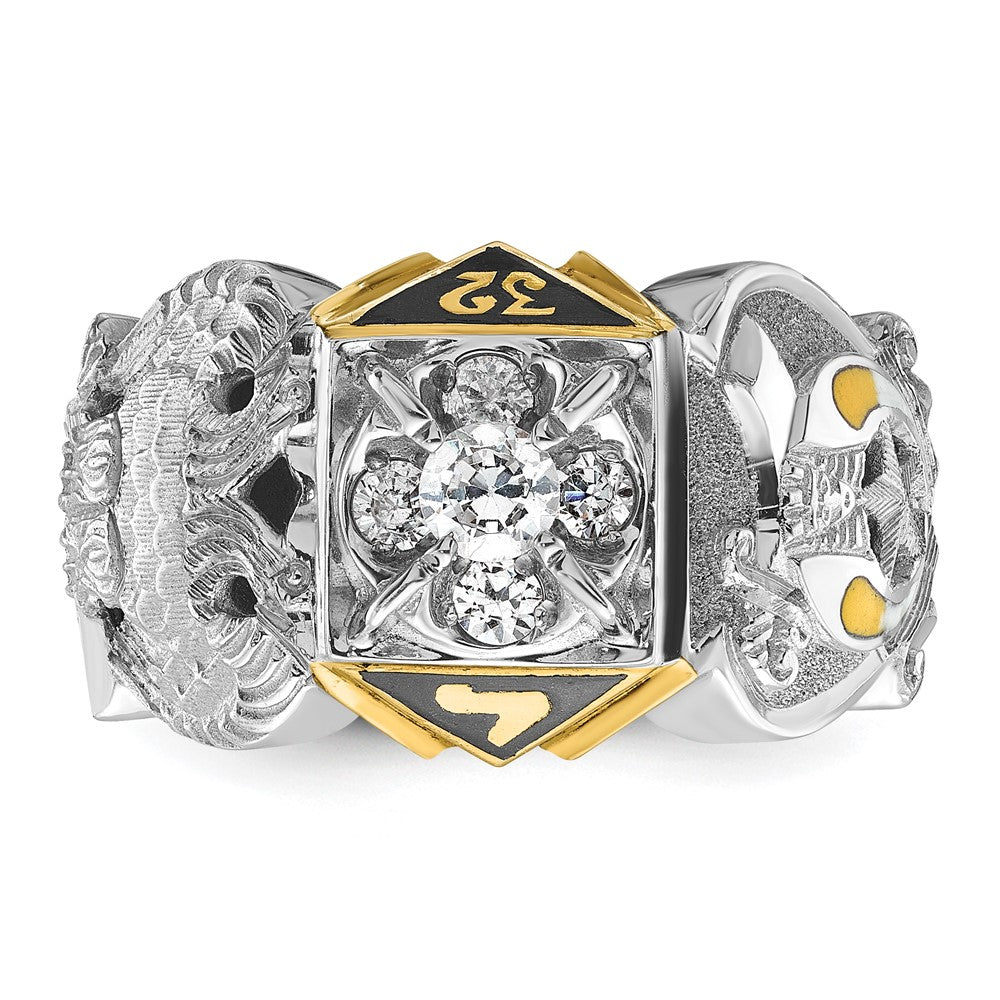 14K Bicolor Gold Herrenring, poliert und texturiert, mit mehrfarbigem Emaille und Diamant, Double-Eagle-Freimaurer-Shriner-Motiv