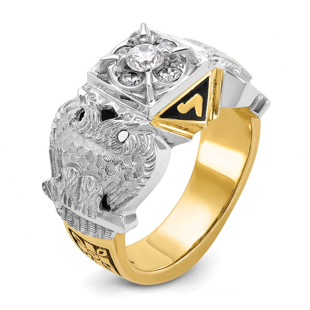 14K Bicolor Gold Herrenring, poliert und texturiert, mit mehrfarbigem Emaille und Diamant, Double-Eagle-Freimaurer-Shriner-Motiv