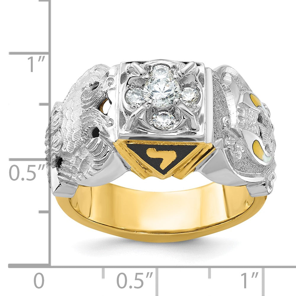 14K Bicolor Gold Herrenring, poliert und texturiert, mit mehrfarbigem Emaille und Diamant, Double-Eagle-Freimaurer-Shriner-Motiv