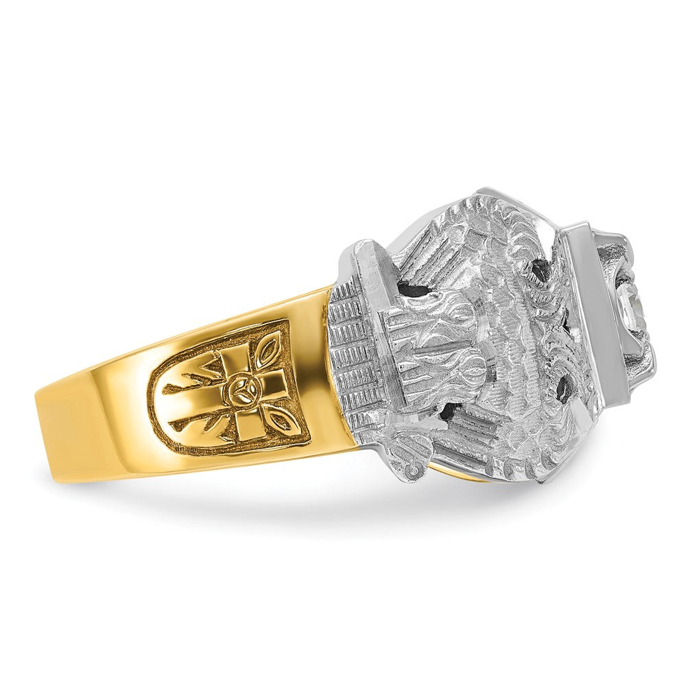 14K Bicolor Gold Herrenring, poliert und texturiert, mit mehrfarbigem Emaille und Diamant, Double-Eagle-Freimaurer-Shriner-Motiv