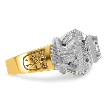14K Bicolor Gold Herrenring, poliert und texturiert, mit mehrfarbigem Emaille und Diamant, Double-Eagle-Freimaurer-Shriner-Motiv